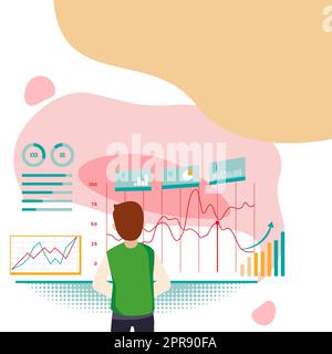Geschäftsmann, der sich Einen Chart ansieht und entscheidende Grafiken und Charts präsentiert. Mann Zeigt Wichtige Entwicklungsdiagramme Und Daten. Stock Vektor