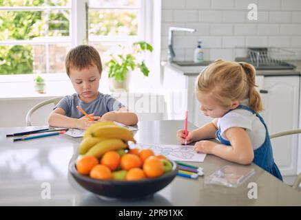 Kaukasische Geschwister zeichnen Bilder zusammen. Bruder und Schwester machen Hausaufgaben. Kinder malen in Skizzen in ihrer Küche. Ein kleines Mädchen malt mit ihrem Bruder. Kinder malen Kunst Stockfoto