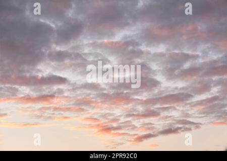 Kopieren Sie den Raum der Altocumuluswolken in einem launischen Himmel bei Dämmerung. Malerischer Panoramablick auf eine dramatische Wolkenlandschaft und donnernden Hintergrund bei Sonnenaufgang oder Sonnenuntergang. Klima des düsteren dunklen Wetters bei Sonnenaufgang im Freien Stockfoto