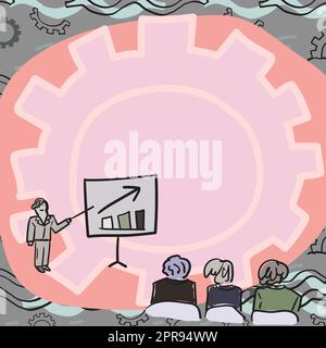 Die Teammitglieder Betrachten Das Whiteboard, Das Neue Lösungen Für Das Verkaufswachstum Darstellt. Colleague Group Betrachtet Die Fähigkeit Des Vorstands, Probleme Zu Lösen, Im Vergleich Zu Gear Background. Stock Vektor