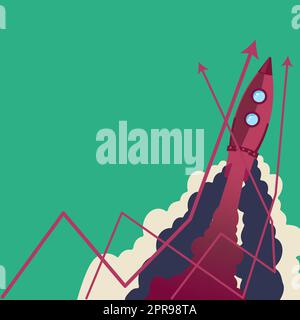 Rakete Verlässt Feuer Und Präsentiert Wichtige Botschaft. Raumschiff Fliegt Im Himmel Und Zeigt Grausame Informationen. Neue Ideen Vorgestellt. Stock Vektor