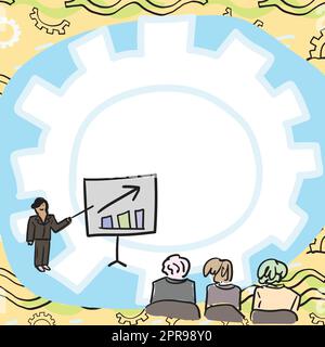 Die Teammitglieder Betrachten Das Whiteboard, Das Neue Lösungen Für Das Verkaufswachstum Darstellt. Colleague Group Betrachtet Die Fähigkeit Des Vorstands, Probleme Zu Lösen, Im Vergleich Zu Gear Background. Stock Vektor