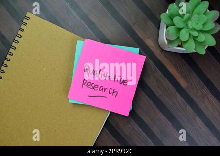 Konzept der qualitativen Forschung Schreiben auf Haftnotizen isoliert auf Holztisch. Stockfoto