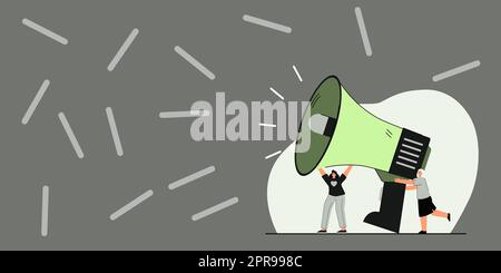 Gruppe Von Zeichnern, Die Ihre Megaphone In Der Chat Cloud Halten Und Ideen Austauschen. Zeichnung Von Mob-Linien, Die Sich Gegenseitig Neue Ankündigungen Machen. Stock Vektor