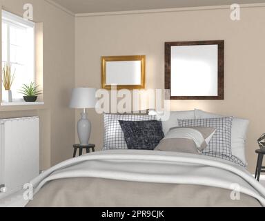 Schlafzimmer im modernen Stil, 2 Rahmen an der Wand, Mustervorlage, 3D Rendering, 3D Illustration Stockfoto