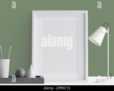 Modellrahmen auf der grünen Wand mit Lampe, 3D-Rendering, 3D-Darstellung Stockfoto