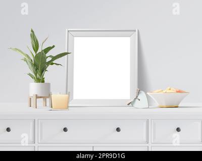 Modernes Interieur mit Fotorahmen für Mockup und Blumen, 3D Illustration, 3D Rendering Stockfoto