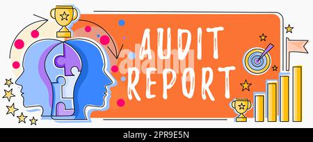 Handschriftliches Schild Audit Report. Geschäftskonzept eine Beurteilung des vollständigen finanziellen Status eines Unternehmensvermögens zwei Köpfe verbundenes Puzzle „Problemlösung“ und „Erfolg teilen“ Stockfoto