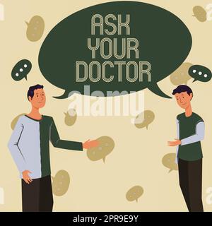 Textüberschrift Präsentation Fragen Sie Ihren Arzt. Unternehmensübersicht Beratung zum medizinischen Experten über den Gesundheitszustand zwei Kollegen stehen und diskutieren neue Ideen mit Big Speech Bubble Stockfoto