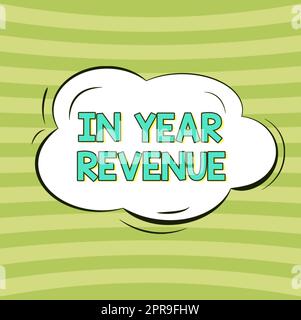 Textüberschrift in Year Revenue. Konzeptfoto Jahreseinkommen wirtschaftliche Finanzanalyse Cloud-Denkblase mit Vorlage für Webbanner und Werbung. Stockfoto