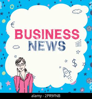 Textzeichen mit Business News. Geschäftskonzept kommerzielle Bekanntmachung Handelsbericht Aktuelles Marktinformationen Unternehmenseinblicke Illustration von Lady Thinking Deep Alone for New Amazing Tactical Ideas. Stockfoto