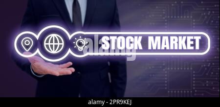 Text mit Inspiration Stock Market. Wort, das auf einem bestimmten Markt geschrieben wird, auf dem Aktien und Anleihen gehandelt werden, oder die Business Holding Search Bar mit wichtigen Informationen über die Hände tauschen. Stockfoto