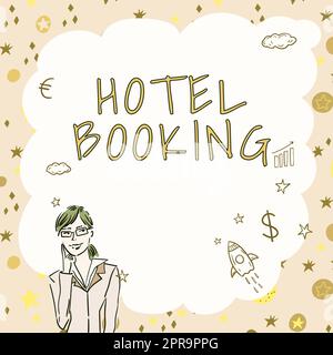 Handschriftentext Hotelbuchung, Business-Übersicht Online-Reservierungen Presidential Suite De Luxe Hospitality Illustration der Dame, die tief denkt Alon Stockfoto