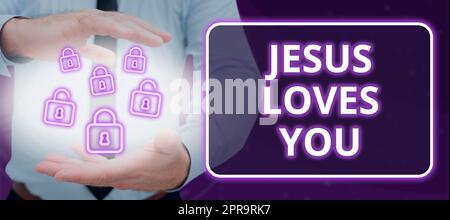 Ein handschriftliches Zeichen, dass Jesus dich liebt. Geschäftsübersicht Glauben Sie an den Herrn, dass der religiöse Mensch mit digitalen Vorhängeschlössern Daten und Cyber-Sicherheit zeigt. Stockfoto