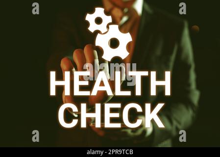 Konzeptionelle Beschriftung Health Check. Word for Medical Examination Wellness and General State Inspection man Holding Tablet and pointer with one Finger on important Message Stockfoto