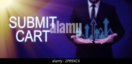 Handschriftliches Schild Warenkorb senden. Konzeptfoto Senden einer Einkaufsliste mit Online-Artikeln Weiterlesen der Checkout Geschäftsmann im Anzug mit Notizblock, der für erfolgreiche Teamarbeit steht. Stockfoto