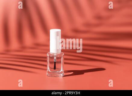 Nachfüllflasche aus klarem Glas mit Bürstenverschluss auf pinkfarbenen Palmenblättern mit hartem Schatten. Nagelmodell Stockfoto