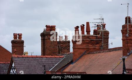 Schornsteinfangtöpfe aus Ton auf Dächern Stockfoto