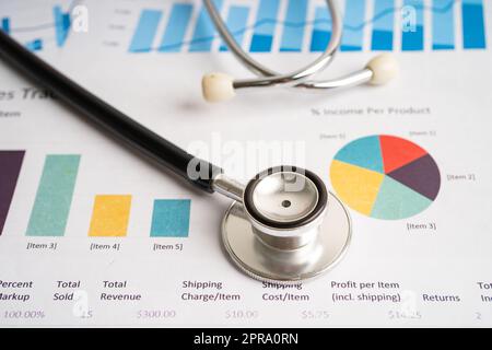 Stethoskop auf Diagramm- und Diagrammpapier, Finanzen, Konto, Statistik, Investitionen, Analytische Forschung Data Economy und Business-Unternehmenskonzept. Stockfoto