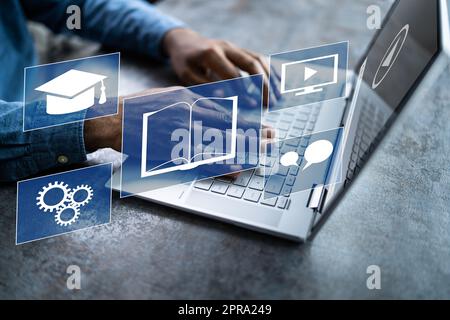 Online-Schulungskurs Lernen. Digitale Wissensbibliothek Stockfoto