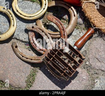 Mehrere Hufeisen und ein Werkzeug zum Grollen, zum Grollen der Pferde. Stockfoto