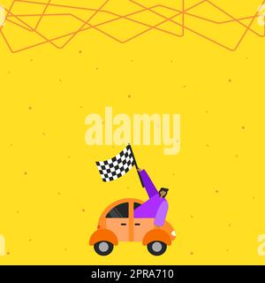Geschäftsmann Winkt Banner Von Vehicle Racing Auf Dem Weg Zu Erfolgreichen Zukünftigen Fortschritten. Mensch Greift Nach Dem Fahrzeug, Indem Die Flagge Die Ziele Für „Neueste Reise Starten“ Repräsentiert. Stock Vektor