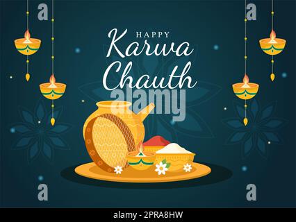 Karwa Chauth Festival Handgezeichnete flache Cartoon-Illustration, um den Neumond zu beginnen, indem man den Mondaufgang im November von Ehefrauen für ihre Ehemänner sieht Stockfoto