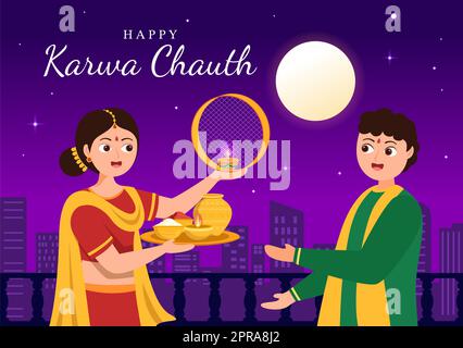 Karwa Chauth Festival Handgezeichnete flache Cartoon-Illustration, um den Neumond zu beginnen, indem man den Mondaufgang im November von Ehefrauen für ihre Ehemänner sieht Stockfoto