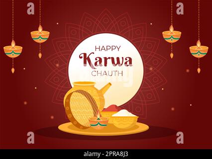 Karwa Chauth Festival Handgezeichnete flache Cartoon-Illustration, um den Neumond zu beginnen, indem man den Mondaufgang im November von Ehefrauen für ihre Ehemänner sieht Stockfoto