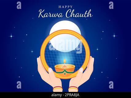 Karwa Chauth Festival Handgezeichnete flache Cartoon-Illustration, um den Neumond zu beginnen, indem man den Mondaufgang im November von Ehefrauen für ihre Ehemänner sieht Stockfoto