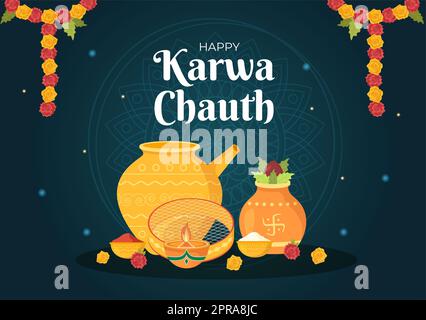 Karwa Chauth Festival Handgezeichnete flache Cartoon-Illustration, um den Neumond zu beginnen, indem man den Mondaufgang im November von Ehefrauen für ihre Ehemänner sieht Stockfoto