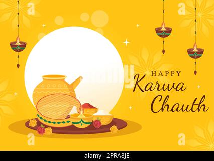 Karwa Chauth Festival Handgezeichnete flache Cartoon-Illustration, um den Neumond zu beginnen, indem man den Mondaufgang im November von Ehefrauen für ihre Ehemänner sieht Stockfoto