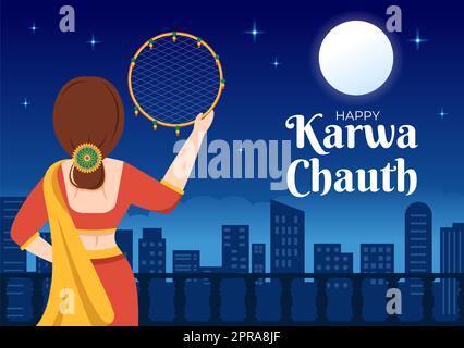 Karwa Chauth Festival Handgezeichnete flache Cartoon-Illustration, um den Neumond zu beginnen, indem man den Mondaufgang im November von Ehefrauen für ihre Ehemänner sieht Stockfoto