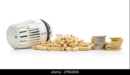 Holzpellets, Münzen, Geld und thermostatischer Ventilkopf isoliert auf weißem Hintergrund. Biomasse – Erneuerbare Wärmequelle. Stockfoto