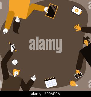 Drei Kollegen mit S Decorating Mobile Application definieren Teamwork. Partner Mit Symbolen, Die Telefonfunktionen Aufbauen, Die Gemeinsame Anstrengungen Darstellen. Stock Vektor