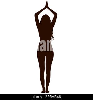 Silhouette einer Frau mit langen Haaren, die im Stehen Yoga praktiziert Stockfoto