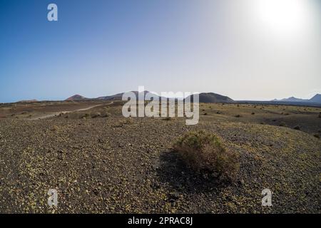 Typische Vulkanlandschaft im Gebiet der Caldera de Los Cuervos. Lanzarote, Kanarische Inseln. Spanien. Stockfoto