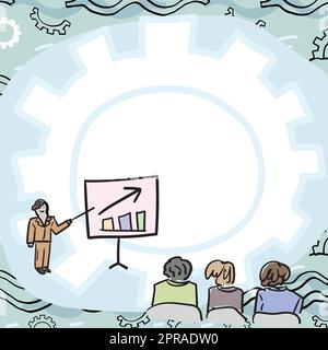 Die Teammitglieder Betrachten Das Whiteboard, Das Neue Lösungen Für Das Verkaufswachstum Darstellt. Colleague Group Betrachtet Die Fähigkeit Des Vorstands, Probleme Zu Lösen, Im Vergleich Zu Gear Background. Stockfoto