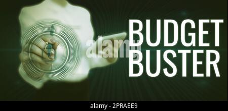 Konzeptionelle Überschrift Budget Buster. Geschäftsidee sorgenfreie Ausgaben Barrikaden unnötige Käufe Überausgeben wichtige Botschaften im Rahmen mit Megaphone, Diagramm und Skyline. Stockfoto