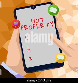 Konzeptionelle Beschriftung Hot Property. Ein Wort, das auf etwas geschrieben ist, das gesucht wird oder von dem ein Geschäftsmann stark verlangt wird, der ein Mobiltelefon mit wichtigen Nachrichten in der Hand hat und auf das er verweist Stockfoto