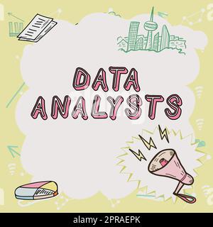 Textüberschrift für Datenanalysten. Geschäftsübersicht Programmer Design and Create Report identifiziert Muster wichtige Nachrichten, die in Frame mit Megaphone, Diagramm und Skyline dargestellt werden. Stockfoto