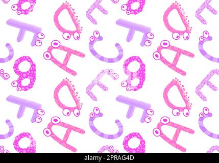 Zeichentrickfilm englische Buchstaben nahtlose Monster mit Augenmuster für Kinderbekleidung und Accessoires, Bettwäsche und Stoffe und Kindergarten-Tex Stockfoto