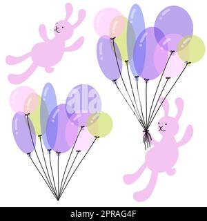 Geburtstagsset Hase mit Ballons zum Einpacken von Papier und Textilien und Bettwäsche sowie zum Drucken von Kinderkleidung und festlicher Verpackung. Qualitativ hochwertige Darstellung Stockfoto