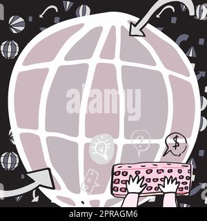 Tastatur Mit Handeingabe Gegen World Globe Und Pfeile Im Hintergrund, Die Globale Unternehmenstrends Darstellen Neue, Brillante Ideen Zur Steigerung Von Umsatz Und Erfolg Stock Vektor