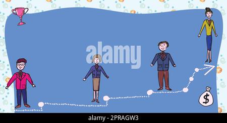 Das Business-Team Steht Auf Der Treppe Zum Erfolg Mit Trophäe Und Geldbeutel An Den Seiten. Geschäftsmänner Und Geschäftsfrauen, Die Eine Wichtige Entwicklungsbotschaft Präsentieren. Stock Vektor