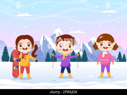 Snowboarden handgezogene Cartoon Flat Illustration von Kids in Winter Outfit Rutschen und Springen mit Snowboards an den Snowy Mountain Side oder Pisten Stockfoto