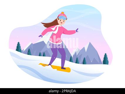 Snowboarding Handgezeichnete Cartoon Flat Illustration von Menschen im Winter Outfit Sliding und Jumping mit Snowboards an Snowy Mountain Seiten oder Pisten Stockfoto