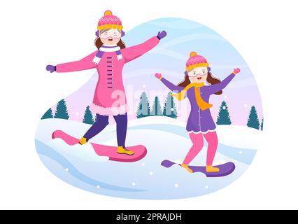 Snowboarding Handgezeichnete Cartoon Flat Illustration von Menschen im Winter Outfit Sliding und Jumping mit Snowboards an Snowy Mountain Seiten oder Pisten Stockfoto