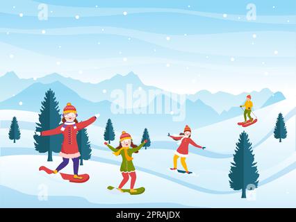 Snowboarding Handgezeichnete Cartoon Flat Illustration von Menschen im Winter Outfit Sliding und Jumping mit Snowboards an Snowy Mountain Seiten oder Pisten Stockfoto