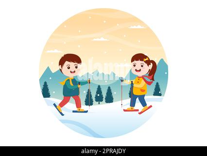 Snowboarden handgezogene Cartoon Flat Illustration von Kids in Winter Outfit Rutschen und Springen mit Snowboards an den Snowy Mountain Side oder Pisten Stockfoto